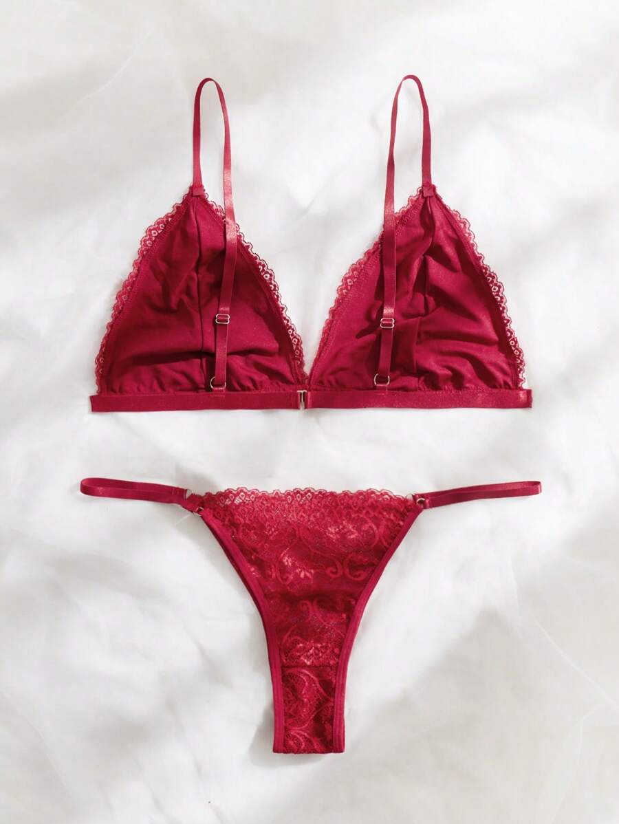 Victoria Super Maroon Floral Embroidered Padded Bra and Panty Set