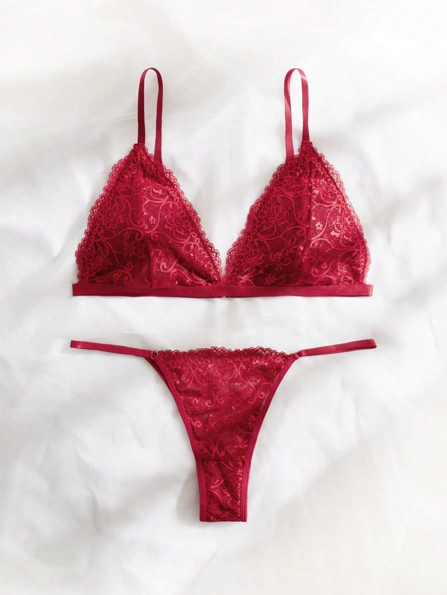 Victoria Super Maroon Floral Embroidered Padded Bra and Panty Set