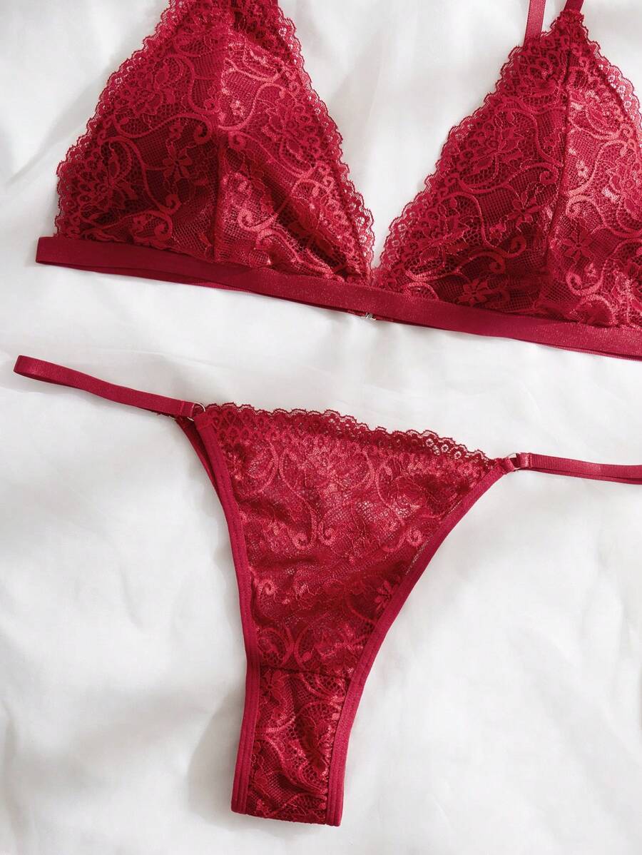 Victoria Super Maroon Floral Embroidered Padded Bra and Panty Set