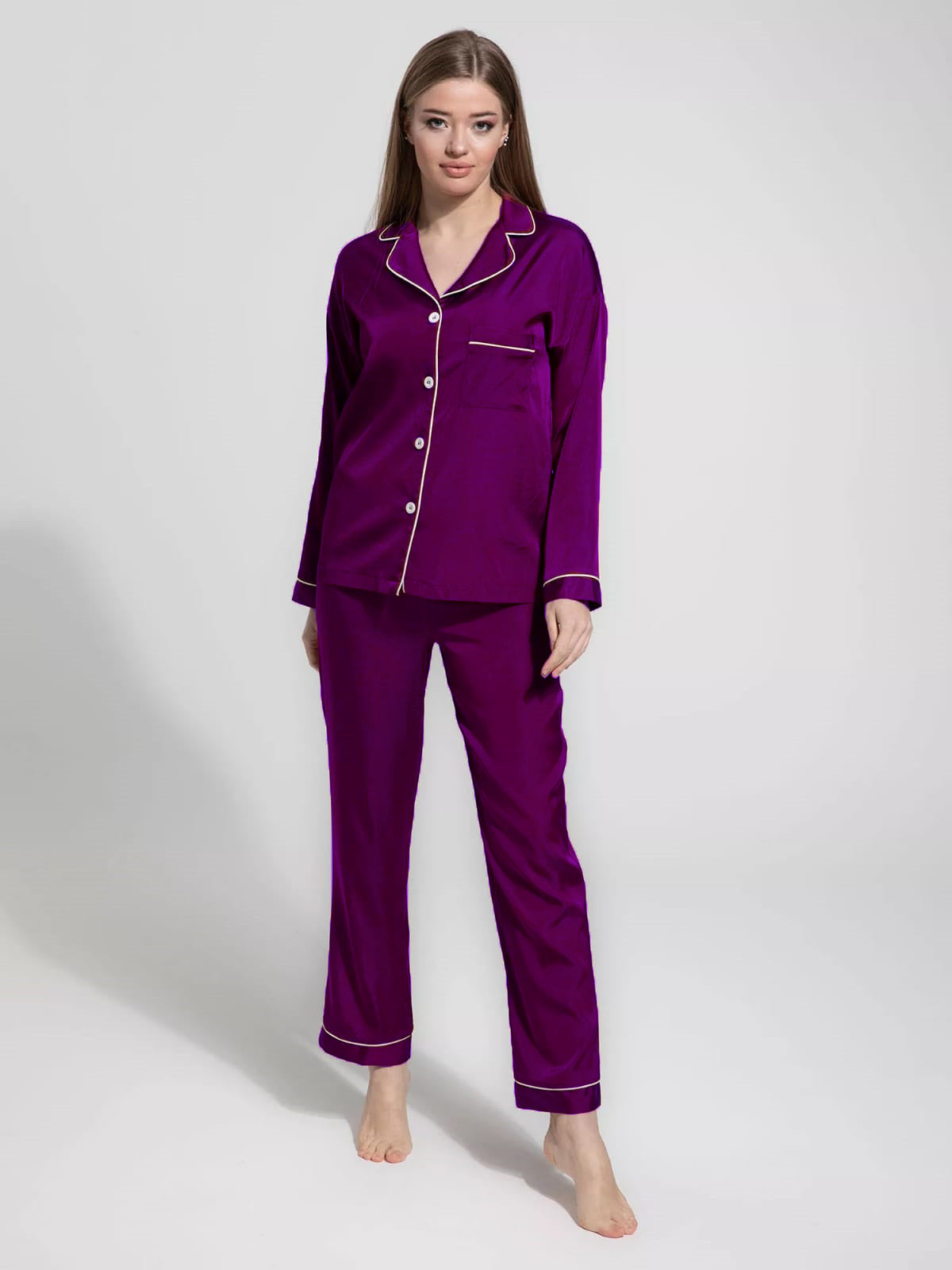 Victoria Galaxy Pearl Pajama Silk Night Suit With Scrunchie for Women