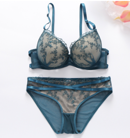 Victoria French Padded Bra and Panty Set Sea Blue