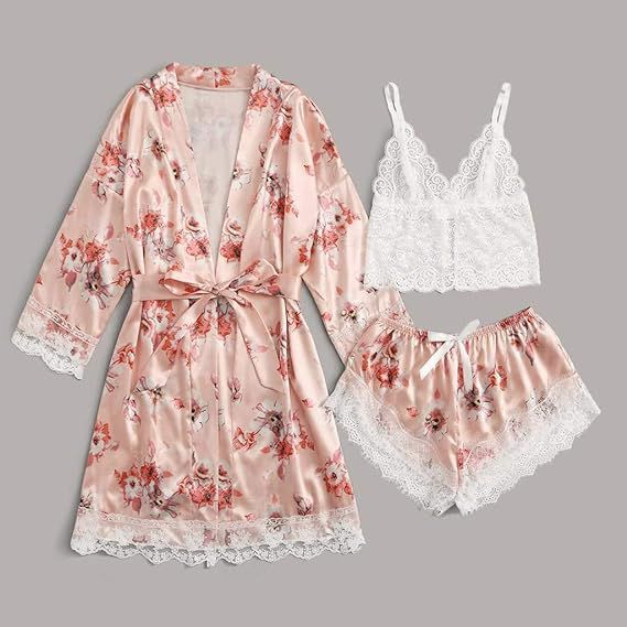 Victoria Lily Floral Printed Silk 3pcs Nightgown set