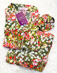 Victoria Galaxy Boski Linen  Printed Pajama Floral Green