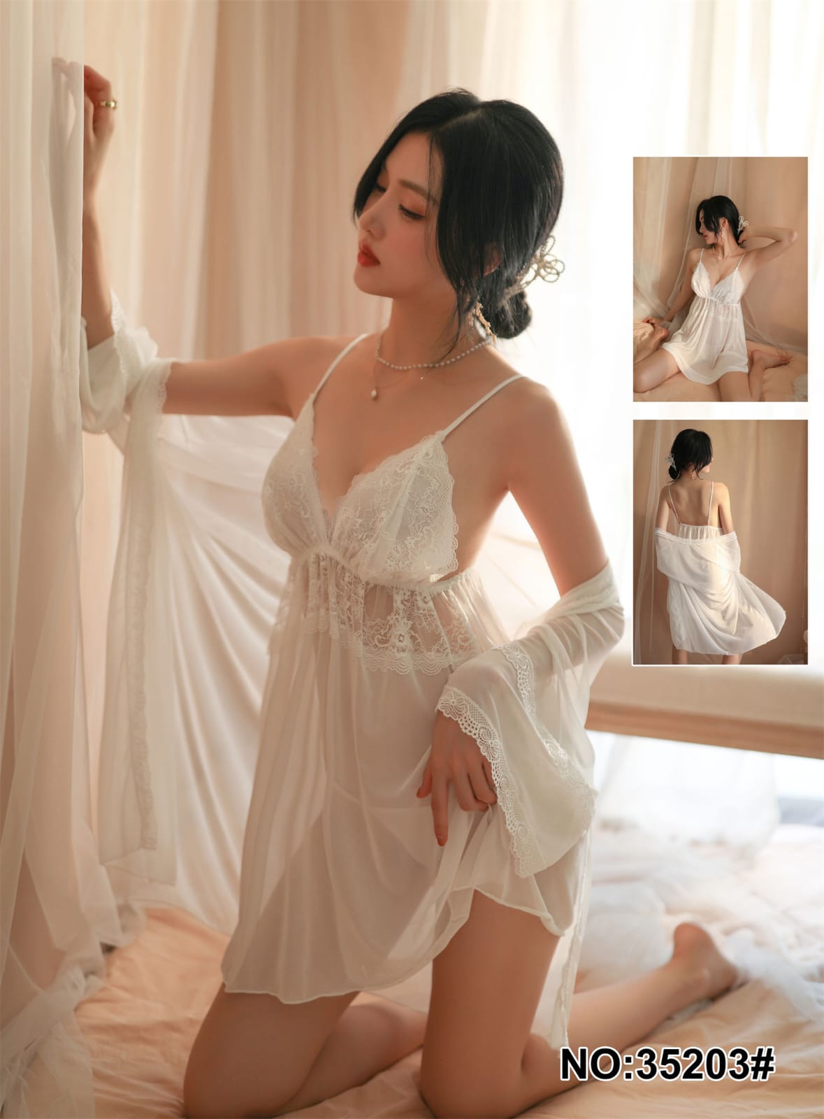 Victoria Chiffon White Transparent Sexy Nightgown set