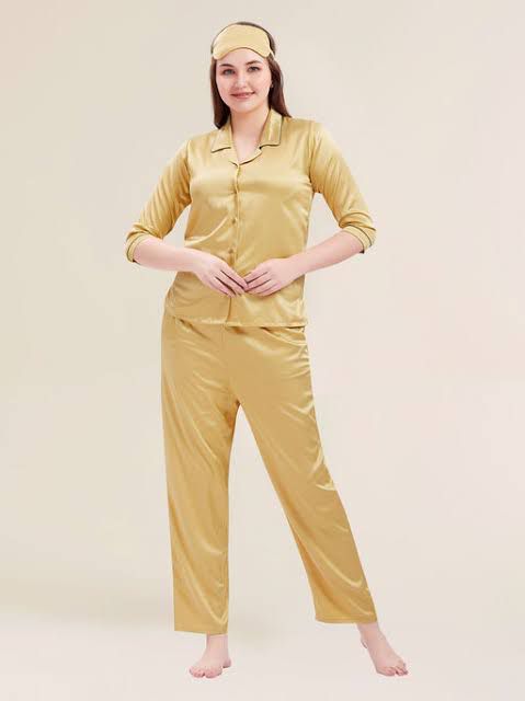 Victoria Galaxy Pearl Pajama Silk Night Suit With Scrunchie for Women